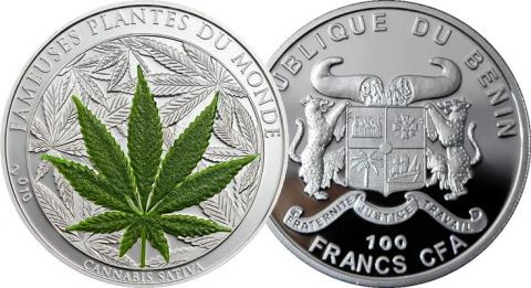 Benin - World's 1st Cannabis Sativa (Marijuana) Coin - 100 CFA - 2010 - Proof Colored Crown - COA